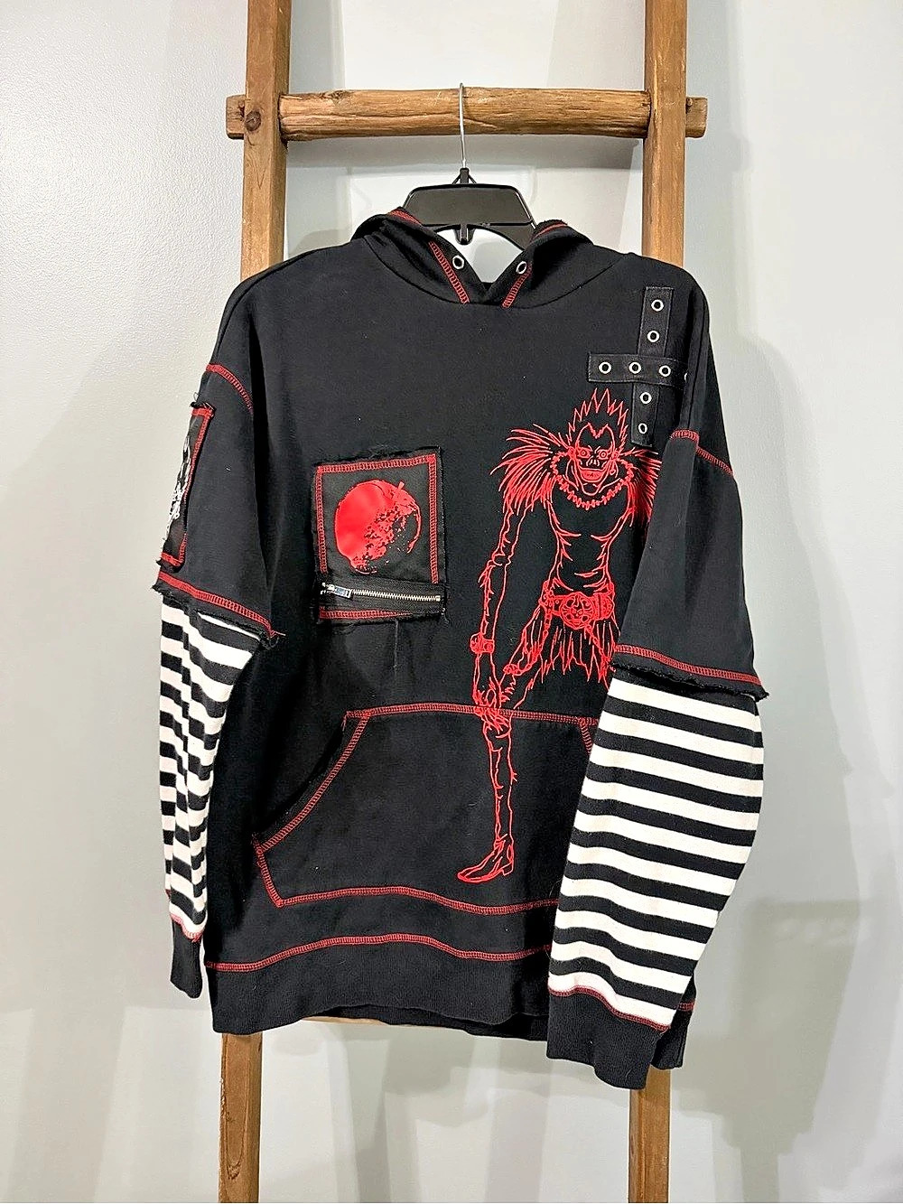 Hot Topic Death Note Ryuk Stripe Twofer Hoodie Black Red Goth Alt Anime Size S